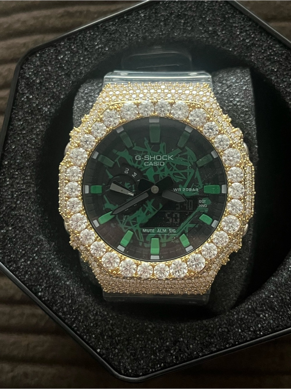 Casio G-SHOCK Silver Crystal Watch with Green Dial Accents